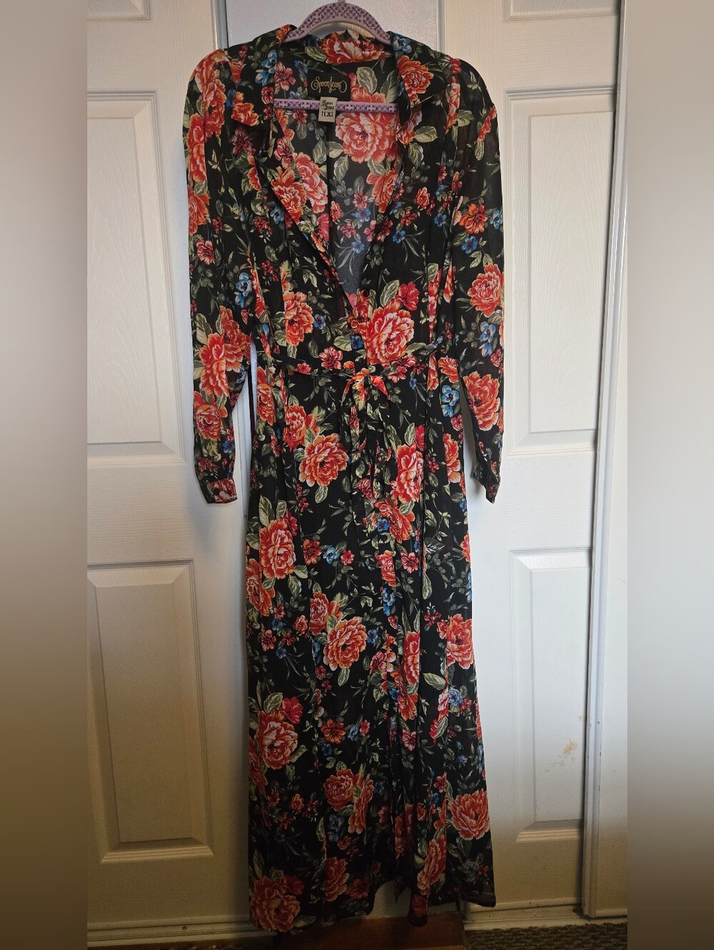 Floral Black Maxi Wrap Dress with Red Rose Print